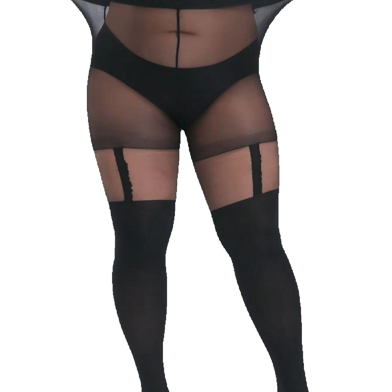 Übergröße Gefälschte Strumpfhalter Oberschenkelhohe Strumpfhosen Transparent Schwarz Hoher Bund Hohelastische Strumpfhosen Sommer L black