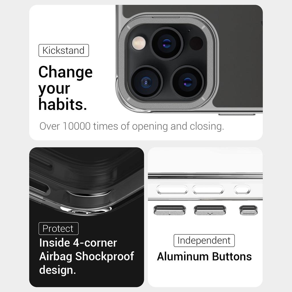 For iPhone 15 Pro Max Case Shockproof TPU+PC Phone Back Cover with Metal Lens Kickstand