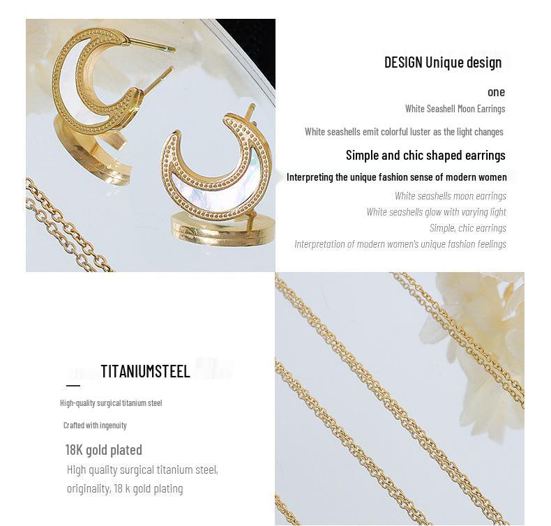 Korean-Inspired Moon White Mother-of-Pearl Jewelry Set: 18K Gold-Plated Titanium Pendant Necklace & Earrings