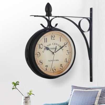 Vintage Wall Clock with Iron Rack Europe Double-sided Battery Operated Living Room
