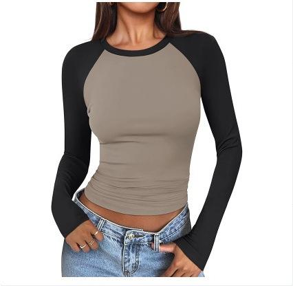 European and American T-shirt women's new sexy yoga hottie contrasting color round neck long-sleeved women's top