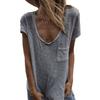 Women T-shirt Round Neck Short Sleeve Patch Pocket Tee Shirt Solid Color Loose Fit Thin Pullover Tops Daily Wear