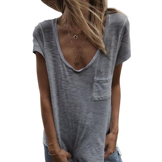 Women T-shirt Round Neck Short Sleeve Patch Pocket Tee Shirt Solid Color Loose Fit Thin Pullover Tops Daily Wear