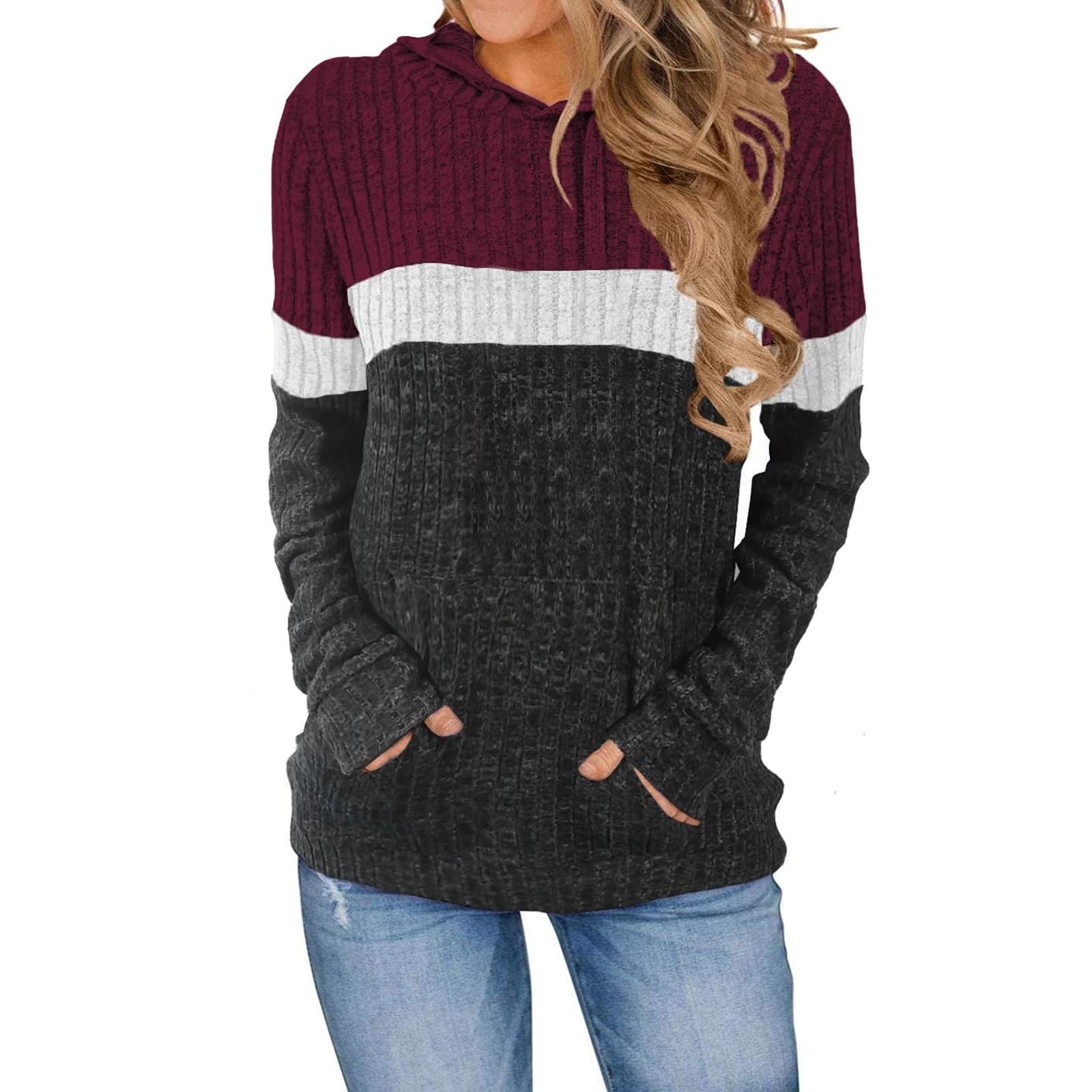 

Женский модный повседневный худи с цветными блоками, карманом и длинными рукавами XL винный