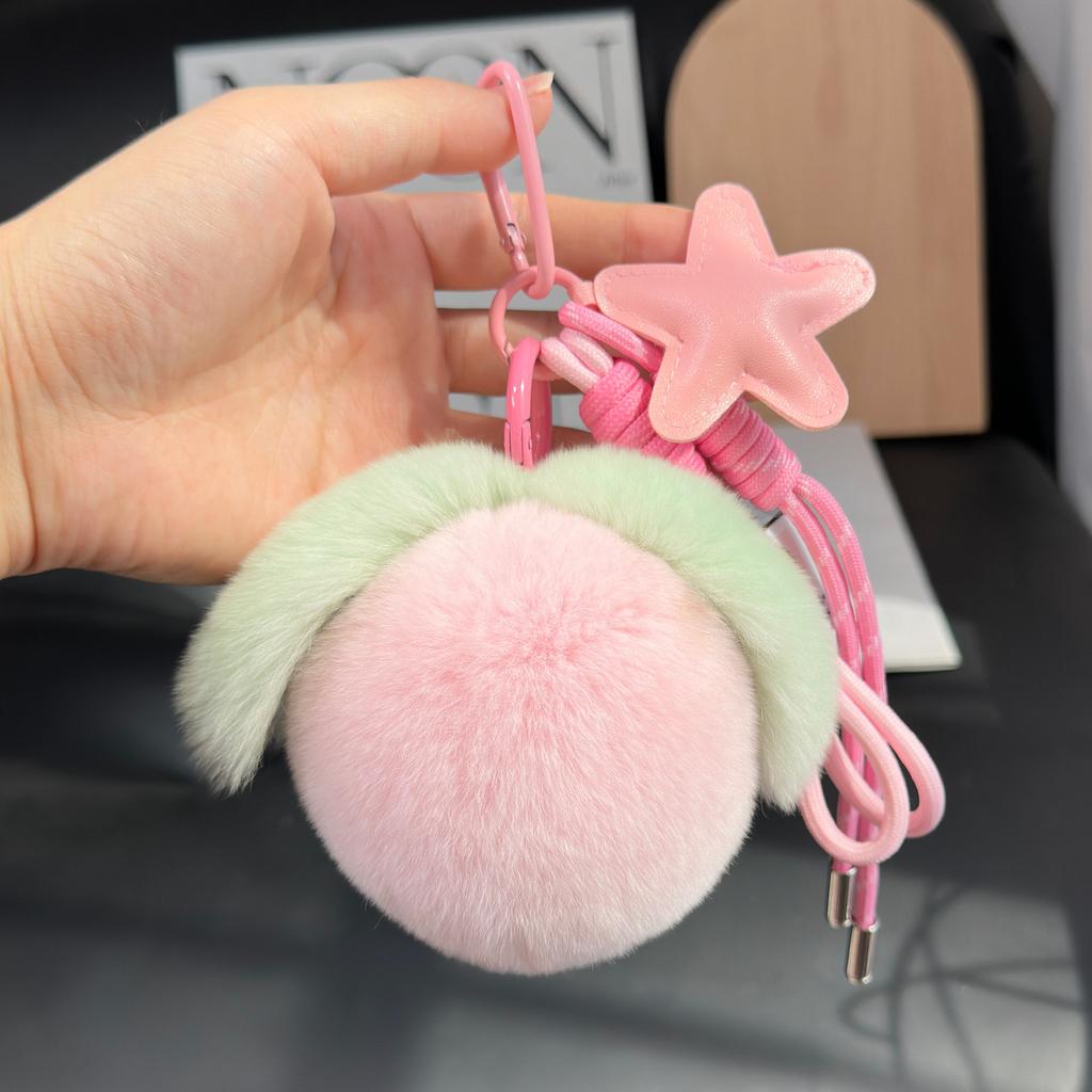Cute Flurry Peach Keychain Luxury Real Rabbit Fur Keyring Pendant Pom Pom Ball Key Chain Bag Charms For Handbags Birthday Gift