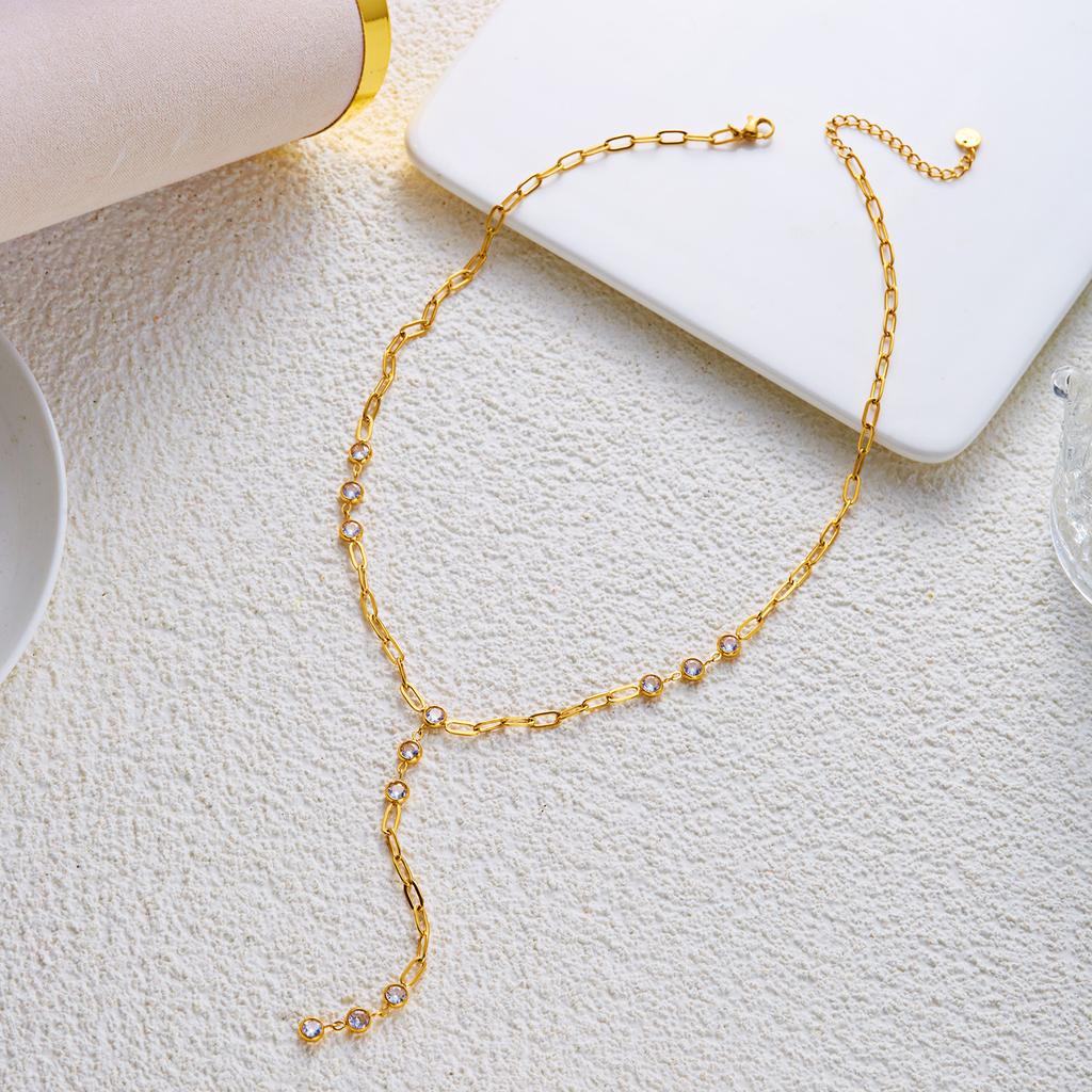 Romantic Stainless Steel Dangle Y Drop Lariat Necklace for Women Classical Multi CZ Stone Long Chain Party Jewelry Gift