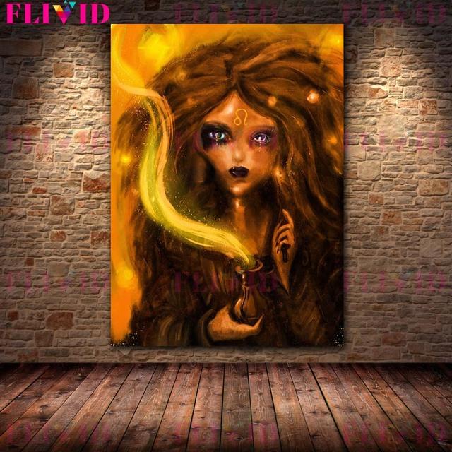 Witch Moon Art Poster Printing Flying Witch Broom Wall Art Full Moon Witch and Spell Bottle Art Canvas