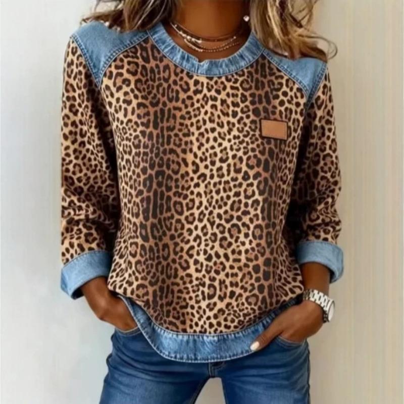 Damen S Lässiger Kapuzenpullover mit Leopardenmuster und langen Ärmeln 3XL gray