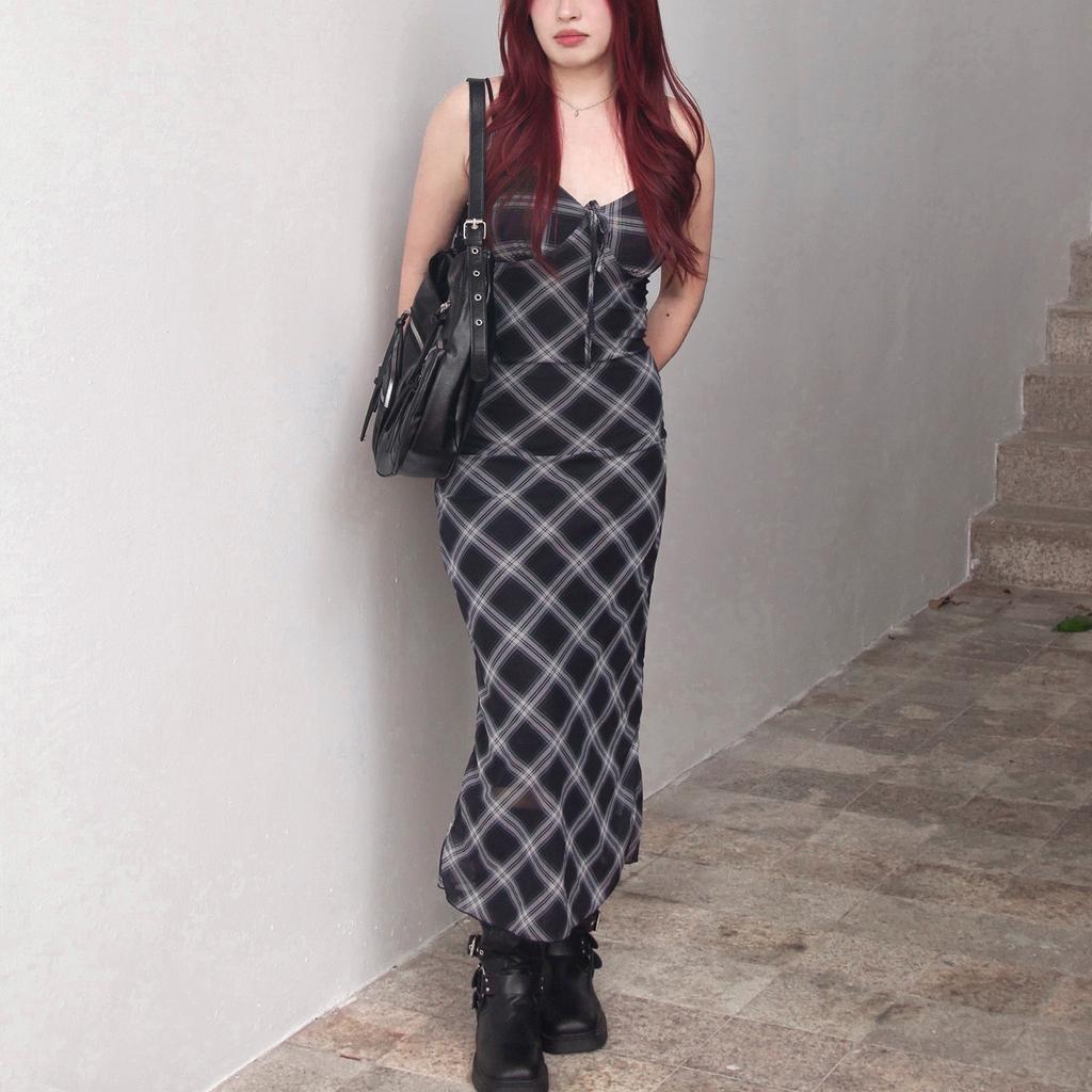 European and American spring new fashion retro plaid pure desire celebrity temperament slim suspender dress women