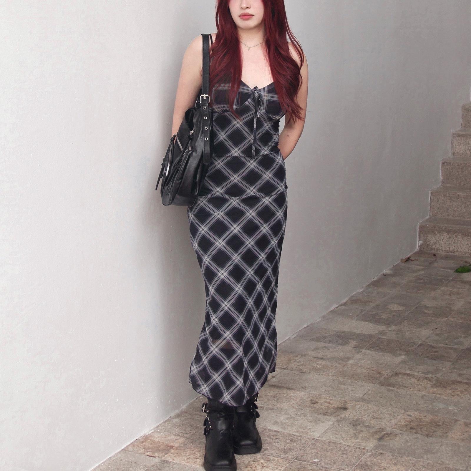 

European and American spring new fashion retro plaid pure desire celebrity temperament slim suspender dress women L