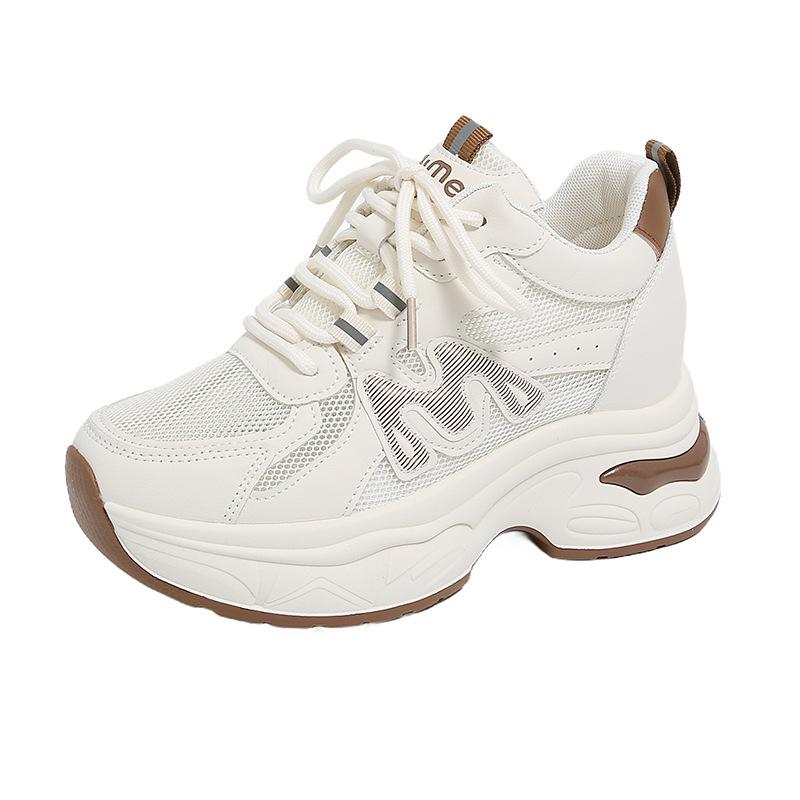 Breathable women's 2025 new summer thin mesh sports little white shoes small thick soles increase in height