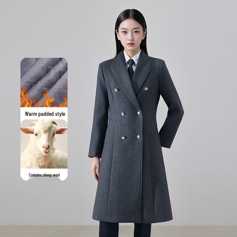 Teluoman Women s Grey Quilted Wool Blend Double-Breasted Mid-Length Coat 3XL