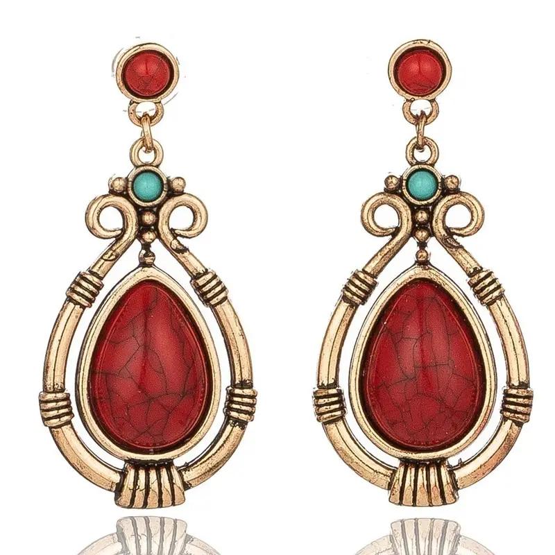 1pair Fashion Vintage Natural Red Stone Turquoise Water Drop Shaped Dangle Earrings for Women, Holiday Banquet Jewelry Gift
