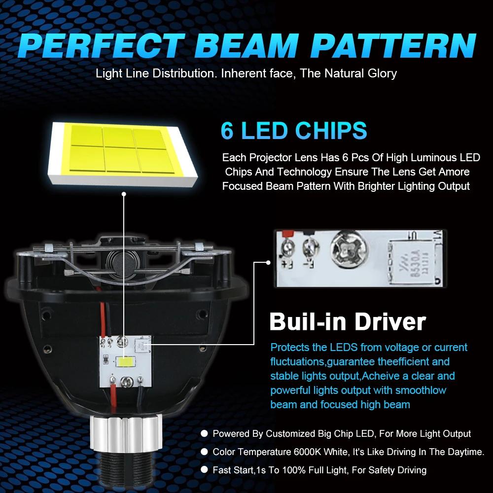 2.5 Inch Bi Led Projector Lens Led Light H4 H7 9005 9006 Car Headlight Bulb High Low Beam 6000K 100W 40000LM Turbo Tuning,2pcs.