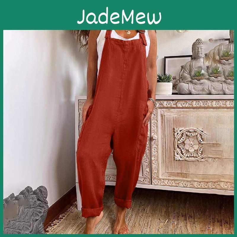 Fit Wide Cotton Linen Loose Leg Overalls With Adjustable Straps And Pockets