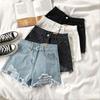 Sommer-Jeansshorts für Damen, hohe Taille, A-Linie, einfarbig, zerrissen, mit Knopf, Reißverschluss, Retro-Taschen, schmale Passform, über dem Knie, kurze Hose