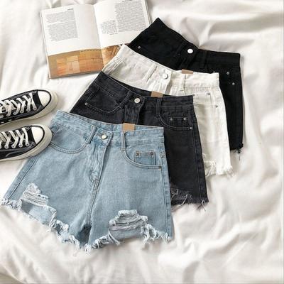 Pantaloncini in denim estivi da donna, a vita alta, a trapezio, tinta unita, strappati, con cerniera e bottoni, tasche retrò, vestibilità aderente, lunghezza sopra il ginocchio, pantaloni corti