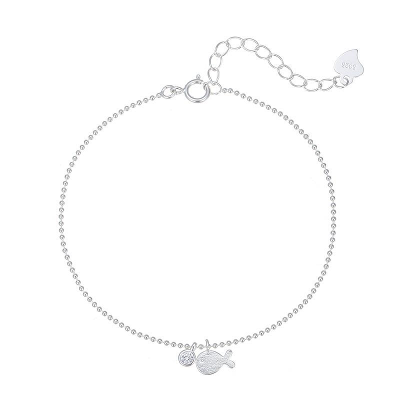 Cui Yan S925 Sterling Silver Korean Fish Round Diamond Bracelet – Women's Stackable Plain Silver Jewelry, Best Friend Gift.