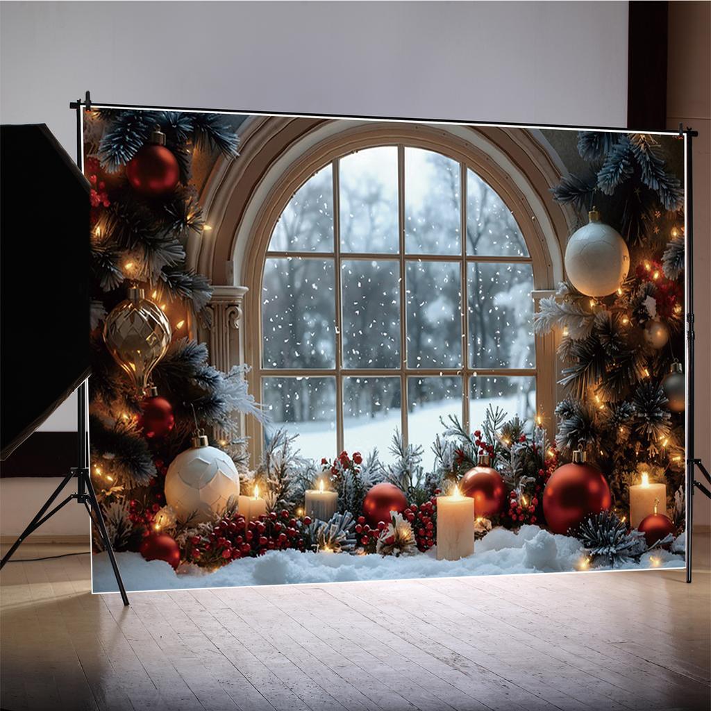 MOON.QG Christmas Home Decoration Photography Backdrop Portrait Baubles Candle Arch Window Background Decoration Photo Studio