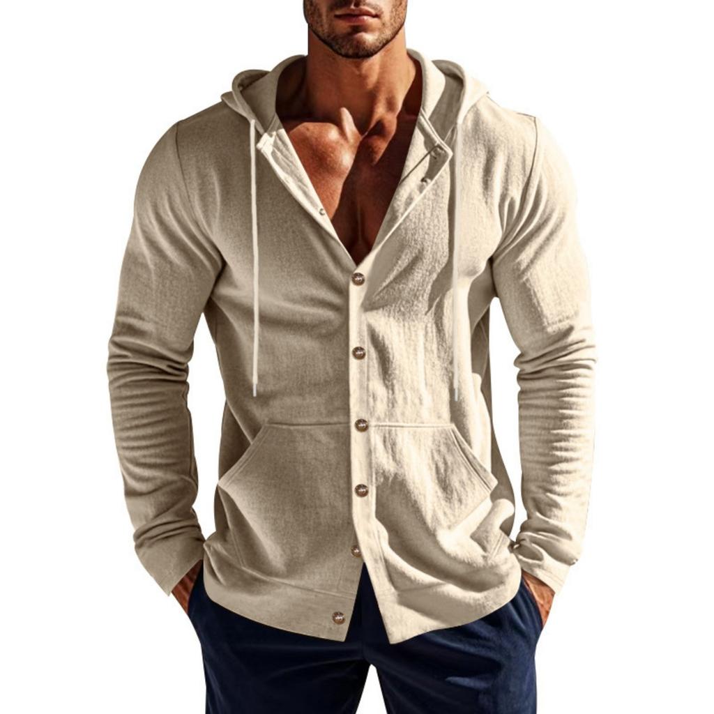 Men's Linen Hooded Shirt, Loose, Casual Breathable And Solid-color Shirt, Sports Beach Fishing Hooded Long-sleeved Shirt