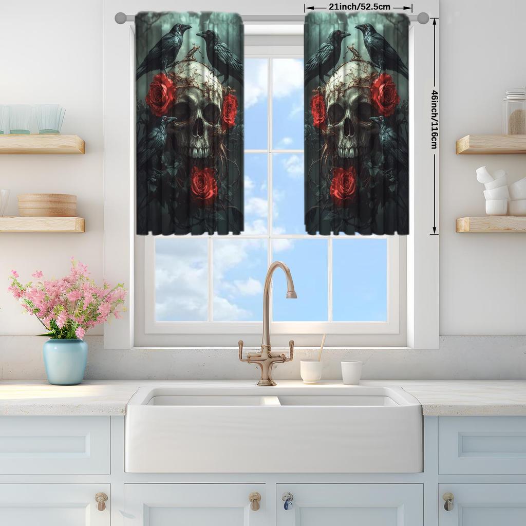 2 Panels Gothic Style Rose Skeleton Pattern Window Curtains   Half Blackout Suitable for Artistic Home Decorative Curtains
