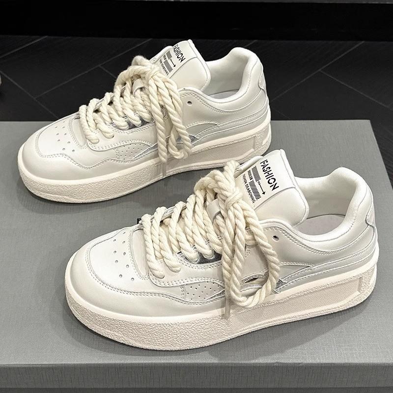 

Leather white shoes women s 2024 autumn new trend versatile leisure sports thick sole original design board shoes 35 серебряный