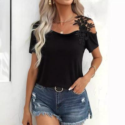 Damen Sommer Neue Einfarbig Spleißen Mode Spitze T-Shirt Top