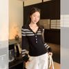 Grey Striped Lapel Knitted Sweater Long Sleeve T-Shirt Women's Autumn and Winter Wear Slim Button Bottom Top