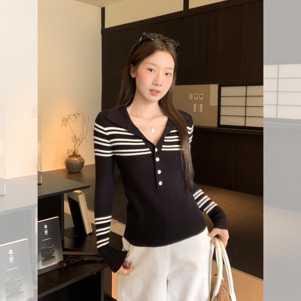 Grey Striped Lapel Knitted Sweater Long Sleeve T-Shirt Women's Autumn and Winter Wear Slim Button Bottom Top
