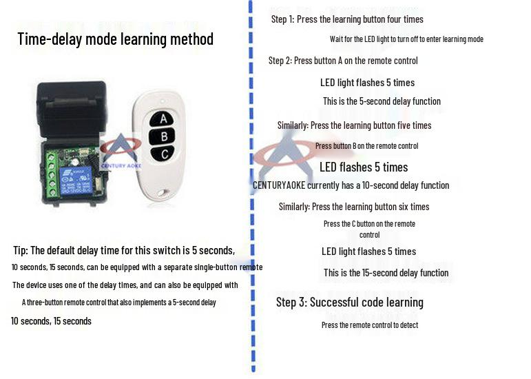 DC 12V Single Channel Learning Remote Control Switch, Long-Range 315/433 MHz, A-On B-Off