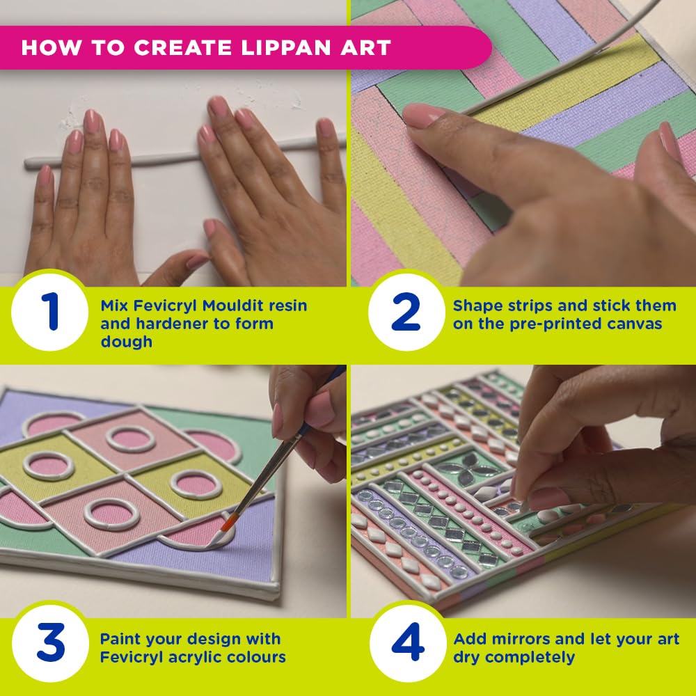 Fevicryl Lippan Mini Art Kit DIY Craft Set with Canvas Acrylic Colours Mirrors Mouldit Brush for Students Gifting 14+