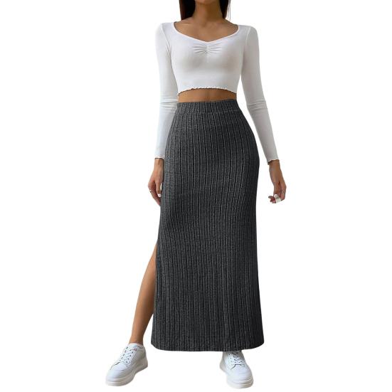 Maxi Skirt with Side Slits High-Waisted Ribbed Long Skirt Solid Color Hip Wrapped Autumn Winter Long Skirt