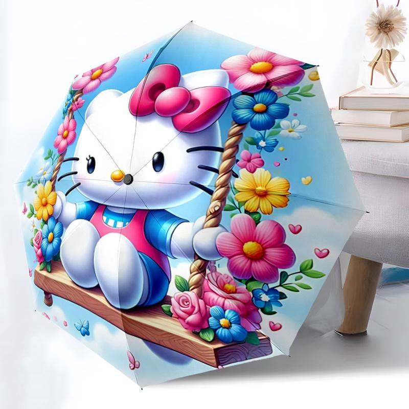 1pc Hello Kitty Floral Swing Design Automatic Opening/Closing Umbrella - Portable Folding Design with 8-Rib Iron Frame, Perfect for Outdoor Use, Festi