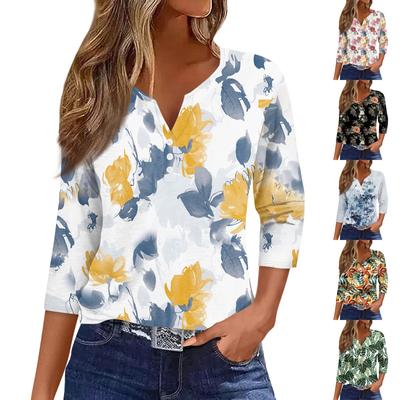 Damska koszulka T-shirt z nadrukiem Rękaw 3/4 Codzienny Weekend Moda Podstawowy Dekolt w kształcie litery V Regularny top