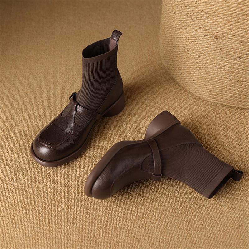 Fashion New Autumn Genuine Leather Women Boot Fashion Round Toe Boots for Women Short Boots Botines Mujer Chunky Heels Skinny Boots
