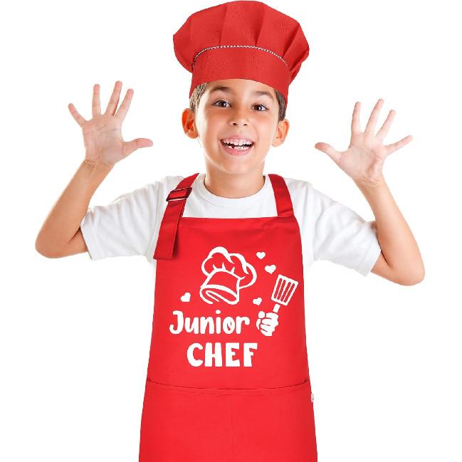 Kids Apron and Chef Hat Set, “Junior Chef” Apron Adjustable Child Apron Chef in Training Funny Apron