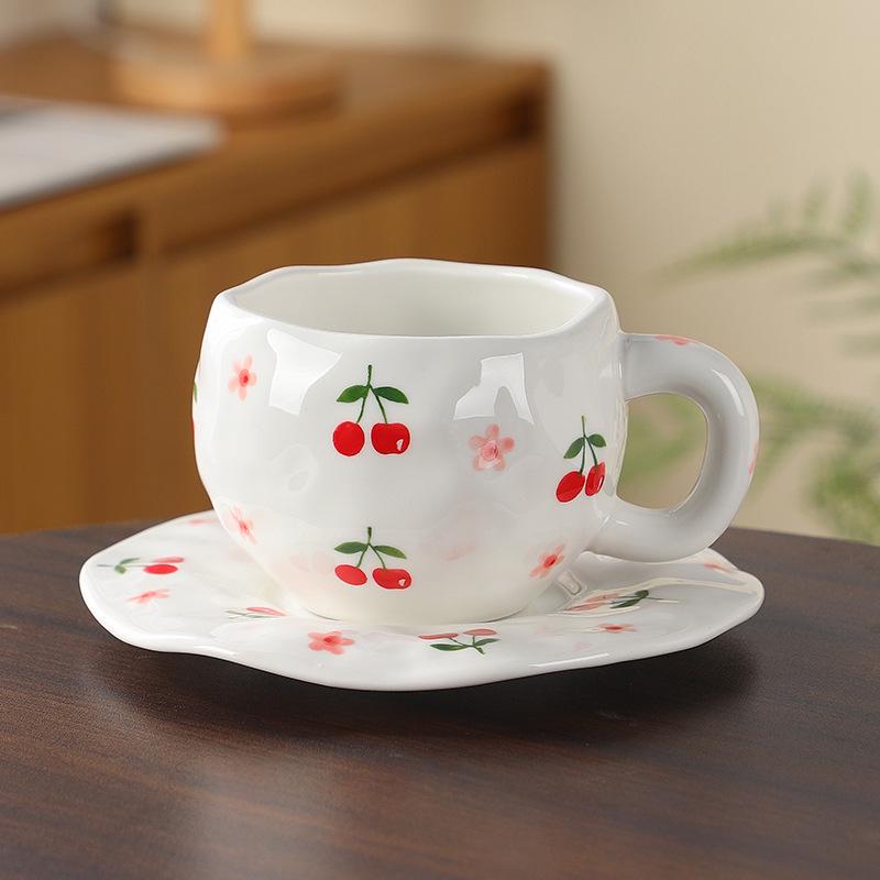 Korean Hand-Painted Ceramic Cup & Saucer Set - Creative Irregular Design for Coffee & Tea