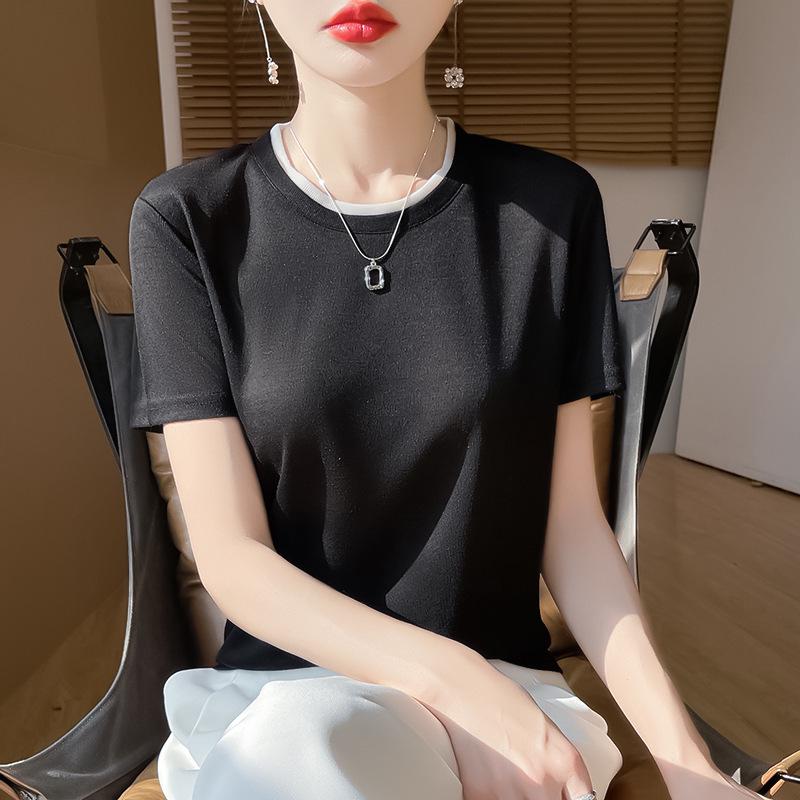 Summer Colorblock Round Neck Knitted Short Sleeve Women's Casual Top