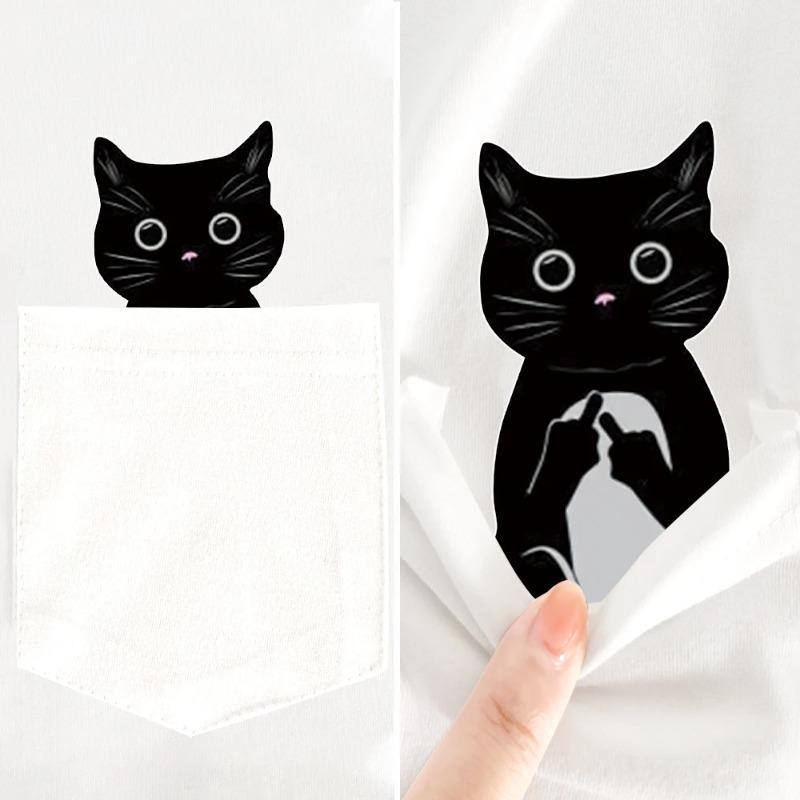 Tier Baumwolle T-Shirts Cartoon Schwarze Katze Doppel Mittelfinger Tasche T-shirt Herren Kurzarm T-Shirts Herren