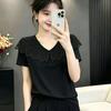 Heavy Industry Bead Lace V-Neck Short Sleeve T-Shirt Women's Summer New Korean Version Foreign Style Skinny Temperament Top