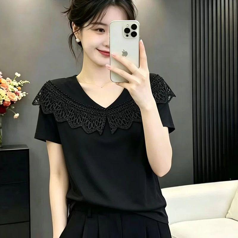 Heavy Industry Bead Lace V-Neck Short Sleeve T-Shirt Women's Summer New Korean Version Foreign Style Skinny Temperament Top