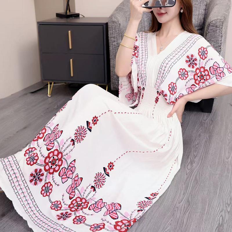 25th Anniversary Ethnic V-Neck Rayon Short Sleeve French-Thai Print Holiday Dress for Women