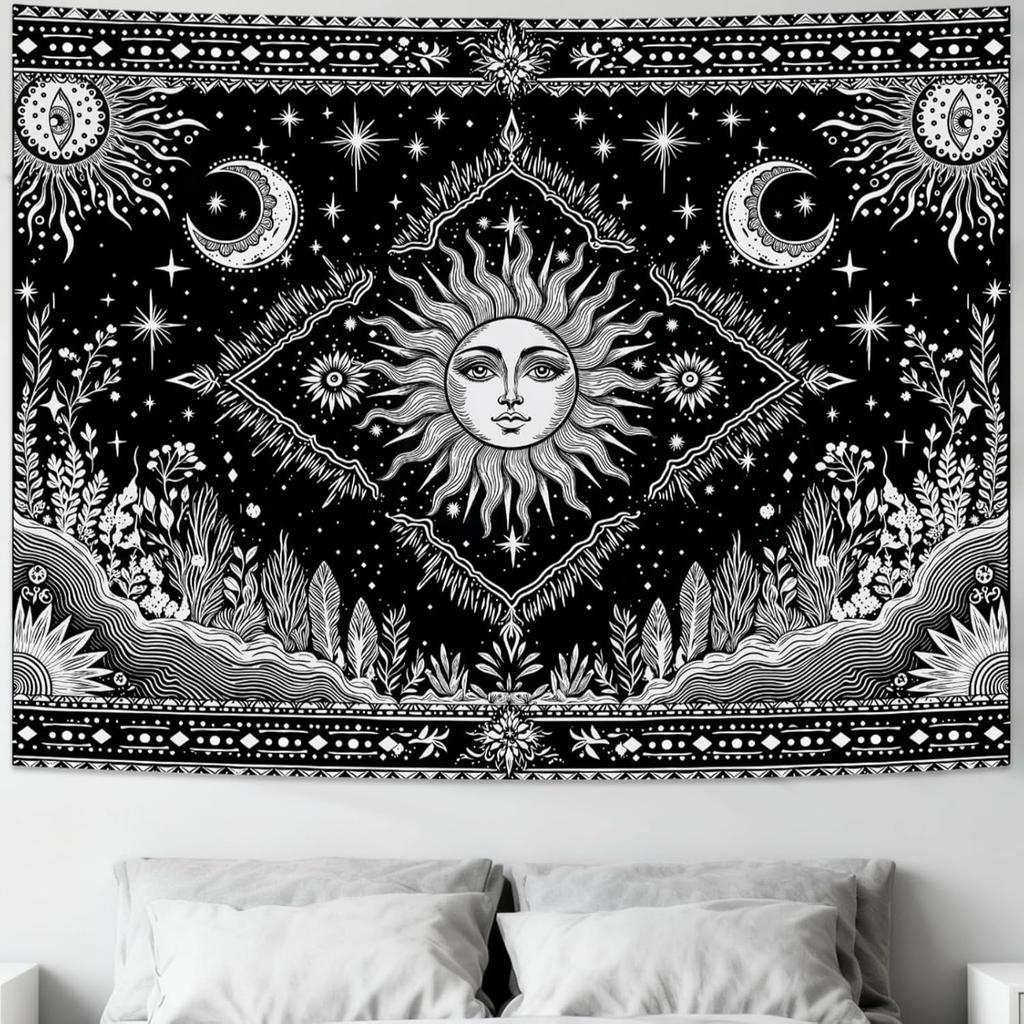 VIKAMA Tapiz Sol Luna Dormitorio Hippie Bohemio Flor Tapiz de Pared Flor Retro Plantas Espíritu Celestial Gran Tapiz