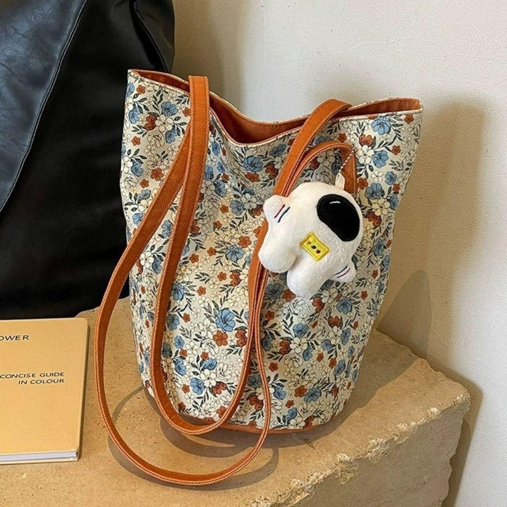 Fashion Women's Shoulder Bag Floral Pattern Canvas Bucket Bag Casual Large Capacity Handbag