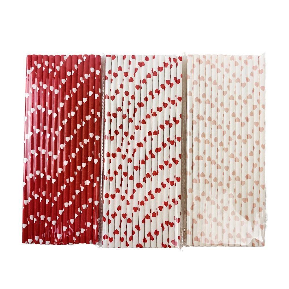 100pcs 3 Colors Disposable Paper Straw Multipurpose Heart Print Beverage Straw Environment Protection Paper Pipette Cafe