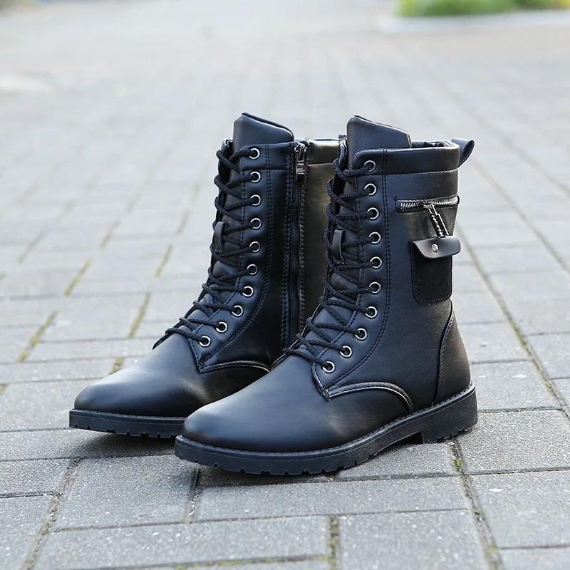

Mens Mid Calf Boots Waterproof Leather Winter Boots Plush Warm Motorcycle Boots Outdoor Casual Fashion Botas 39