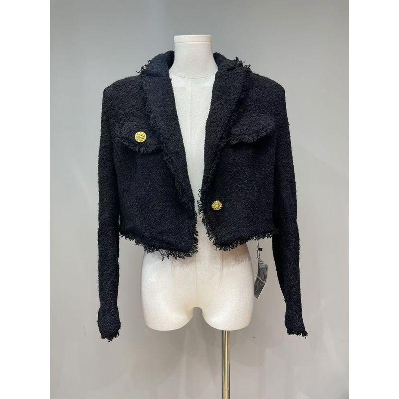 

Fall 2024 New Arrival French Style Classic Style Tweed Tassel Short Casual All-Matching Coat for Women Cardigan Black M