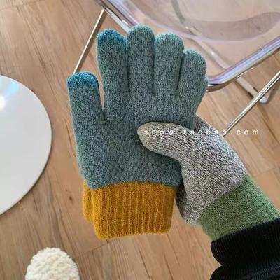 Touch Screen Gloves for Women In Winter Plus Velvet and Thickened Wool Knitted with Contrasting Colors Five-finger Cycling To Keep Warm, Windproof