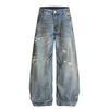 Mens Distressed Washed Wide Leg Straight Cut Denim Pants Streetwear Loose Fit Ripped Jeans Casual Youth Fashion