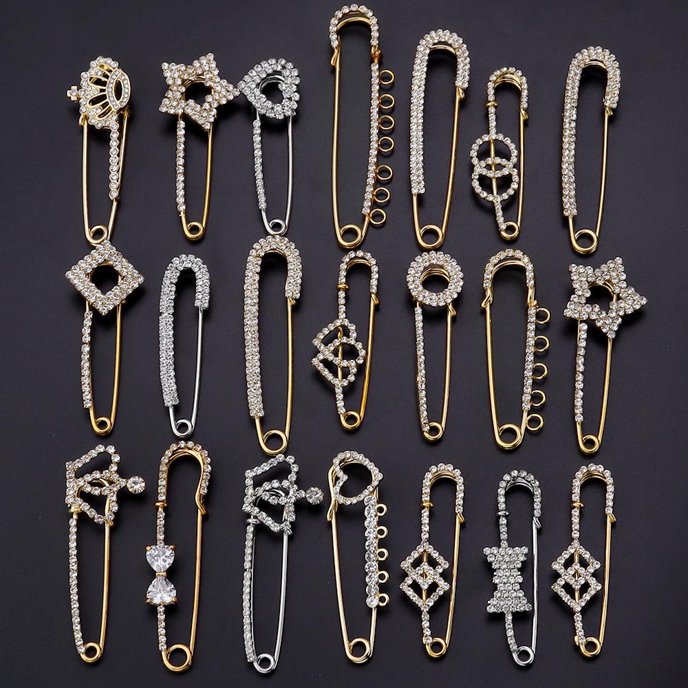 2pcs/lot Alloy Rhinestone Brooches Gold Silver Color Fixed Pins Brooch For Women Dress Safety Pin Brooches DIY Jewelry Making